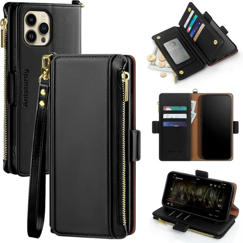 Vista 22 de Antsturdy - Funda cruzada tipo cartera para iPhone 12 Pro Max, color negro RFID Blocking,PU Leather Flip Cover,Kickstand,with Credit Card