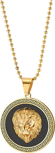 Vista 2 de COOLSTEELANDBEYOND Men Women Steel Embossed Lion Head Sunray Circle Medal Pendant Necklace