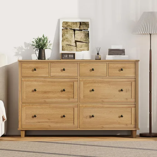 Vista 9 de Cómoda de madera con 8 cajones de 56.3 pulgadas de ancho, cómoda de almacenamiento grande para dormitorio, sala de estar, pasillo, entrada Roble