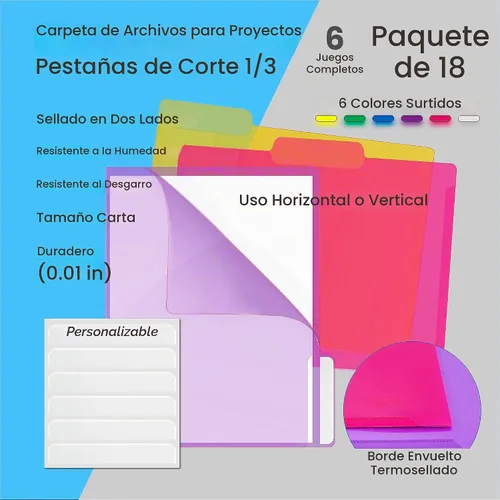 Vista 2 de Better Office Products Poly Project - Bolsillos para documentos, paquete de 18, pestañas de corte de 1/3, fundas de plástico para papel
