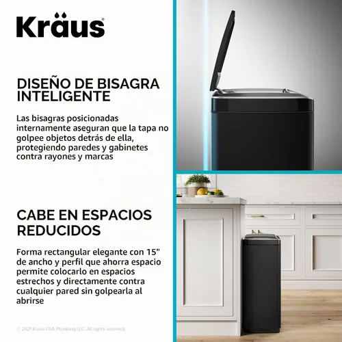 Vista 12 de Kraus GarbagePro Bote de basura rectangular de 13 galones manos libres con sensor de movimiento operado por batería en acabado negro mate con tapa