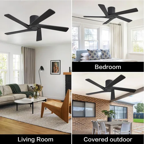 Vista 7 de WINGBO Ventiladores de techo CC de montaje al ras de 48 pulgadas sin luces, 5 aspas de madera maciza tallada, motor CC reversible de 6 velocidades