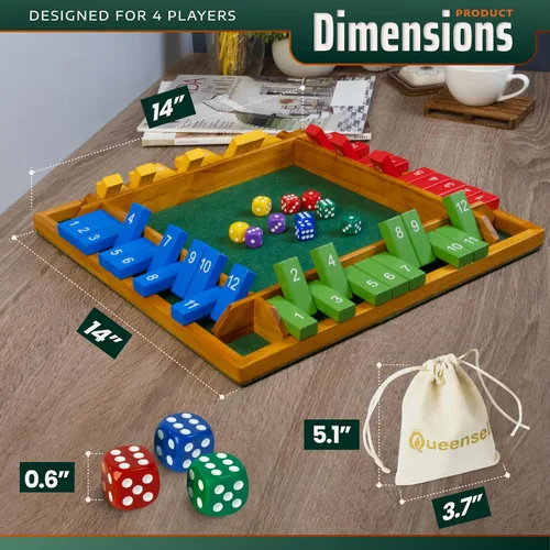Vista 2 de Shut The Box Game Tablero de madera para 4 jugadores, juego de 14 pulgadas, 12 números para adultos y niños, ideal para noche