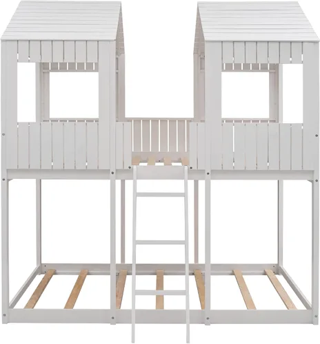 Vista 4 de Litera de madera con techo, ventana, barandilla y escalera, color blanco