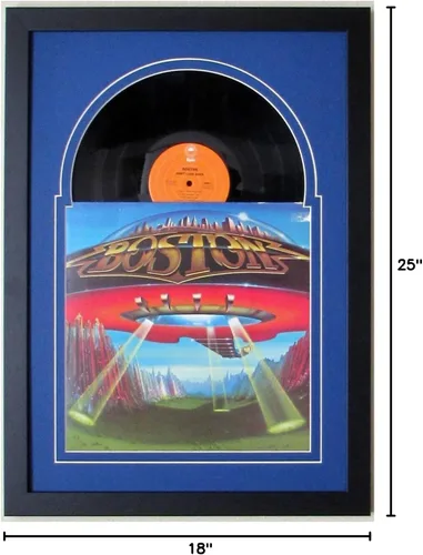 Vista 4 de Marco LP para álbum de discos con diseño de caja de juke mate azul oscuro y un marco de madera maciza (marco negro)