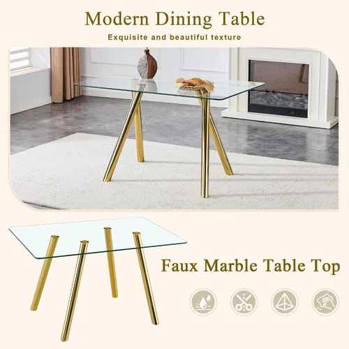 Vista 7 de Glam Style - Juego de mesa de comedor de 5 piezas para 4, mesa de comedor rectangular de vidrio templado de 51 pulgadas con base de metal dorado