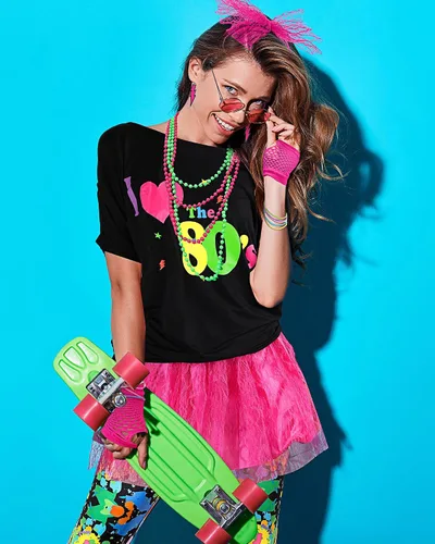 Vista 7 de Juego de 19 piezas de disfraz de los años 80, camiseta, leggings, falda tutú, diadema, collar, pulseras, aretes, guantes, calentadores de piernas