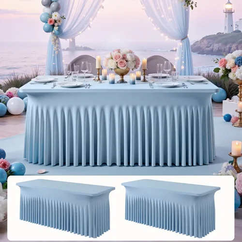 Vista 67 de Paquete de 2 manteles de elastano azul bebé de 6 pies con falda de mesa con volantes, manteles ajustables elásticos sin arrugas para mesas