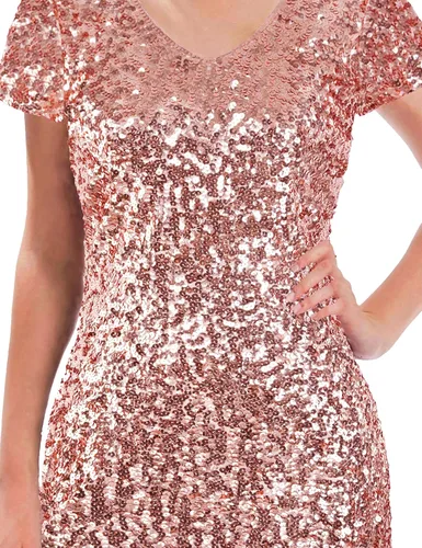 Vista 4 de MANER - Vestido de fiesta corto para mujer, diseño brillante con lentejuelas, escote en V, manga corta, sexy y entallado