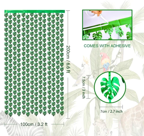 Vista 7 de Decoraciones tropicales para fiestas, paquete de 2 unidades de 3.3 x 6.6 pies, hojas de palmera tropicales verdes, cortina de flecos de hojas