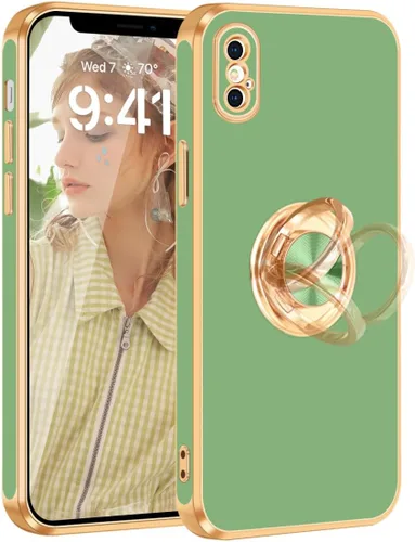 Vista 13 de Fingic Funda para iPhone X, iPhone Xs con soporte de anillo, soporte magnético giratorio de 360°, chapado en oro, borde dorado, delgada, suave, TPU