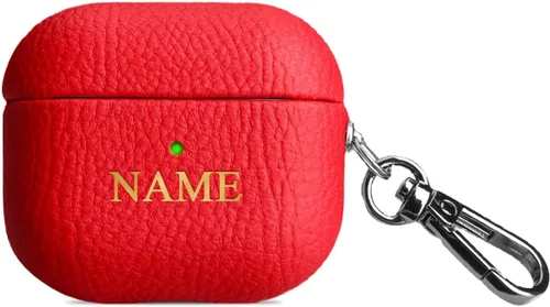 Vista 9 de Funda de cuero con iniciales personalizadas para Apple Airpods 3 2021, funda vegana de lujo con llavero con nombre personalizado en relieve y letras