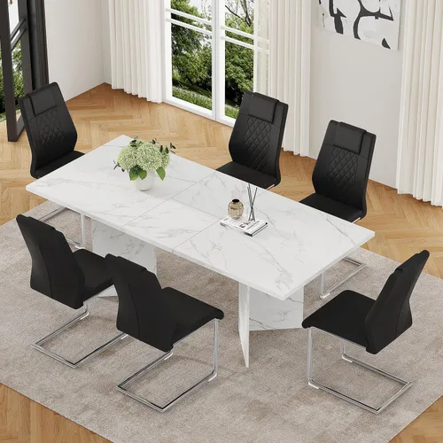 Vista 19 de Juego de mesa de comedor extensible de 63 a 79 pulgadas para 4, juego de mesa de cocina de mármol sintético blanco para 4, juego de mesa de comedor