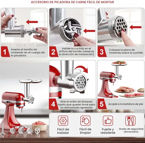Vista 4 de Accesorios para molinillo de carne y triturador de rodajas para mezclador de pie KitchenAid, molinillo de carne con tubos para embutir salchichas