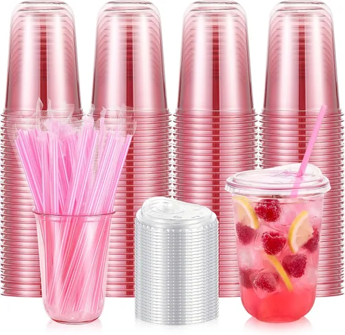 Vista 25 de Ziliny Paquete de 50 vasos de plástico transparente negro de 12 onzas con tapas y popotes, vasos desechables para mascotas, taza de café helado