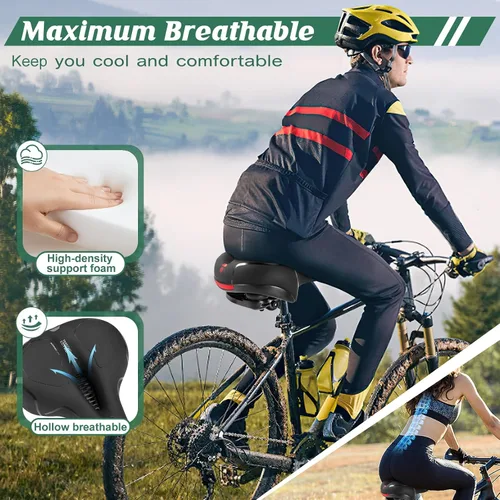 Vista 5 de Cómodo cojín de asiento para hombres y mujeres con doble absorción de impactos, espuma viscoelástica con memoria, sillín de bicicleta ancho e