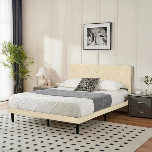 Vista 3 de Base de cama de plataforma de tamaño matrimonial con cabecera de terciopelo, borde de ala, listones de madera resistentes, sin ruido, no necesita