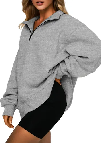 Vista 2 de Lepunuo Sudadera de gran tamaño con media cremallera para mujer, suéter de manga larga con capucha y cremallera de un cuarto, suéter