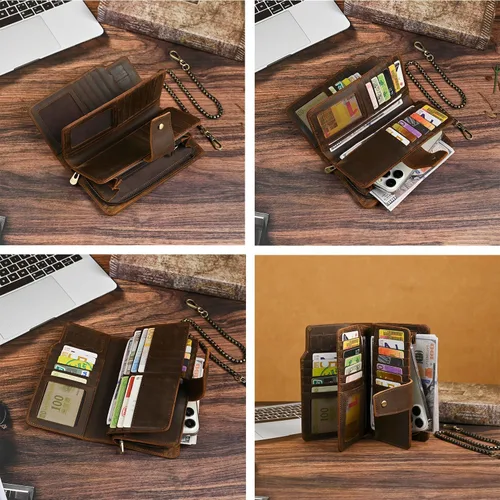 Vista 72 de Genuino Caballo Loco Cuero Regalo de Viaje Moneda Bolsillo Tarjetero Organizador Largo Cadena Rfid Cartera Monedero Con Broche Para Hombres Hombres