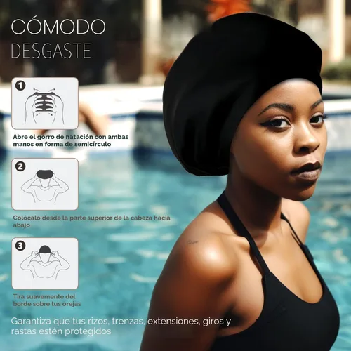 Vista 4 de Gorra de natación extragrande – gorro de natación para cabello largo, rastas, cabello ondulado, extensiones de cabello, trenzas, rizos y afros