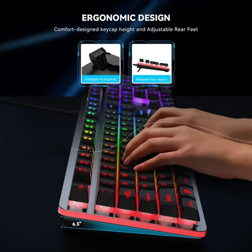 Vista 6 de Teclado para juegos con cable retroiluminado RGB, 104 teclas, iluminación RGB de 8 zonas, cubierta superior de metal, teclado macro programable