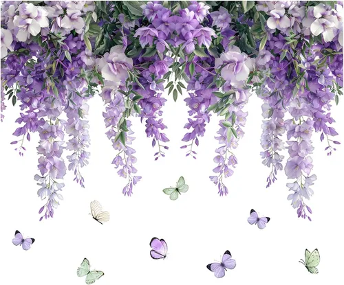 Vista 10 de Calcomanías de pared de rosas vívidas, calcomanías de pared florales de vid colgantes, calcomanías de mariposa, papel tapiz para despegar y pegar