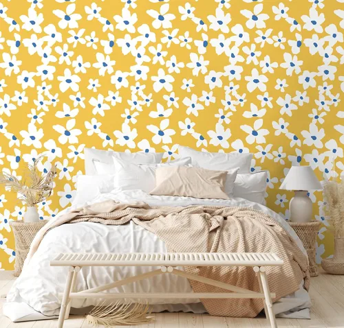 Vista 8 de HAOKHOME Papel Tapiz Amarillo Despegar y Pegar Floral Amarillo/Blanco/Azul Papel de Pared Removible para Dormitorio Baño Papel de Contacto Adhesivo