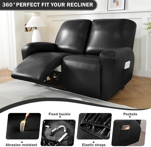Vista 3 de Vctops - Funda elástica de 6 piezas para sofá biplaza reclinable, de cuero sintético impermeable, protector de muebles antideslizante con borde Negro