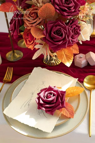 Vista 3 de Floroom Flores artificiales, 16 rosas de té híbridas de espuma de color burdeos de aspecto real de 3.5 pulgadas con tallos para bricolaje, ramos