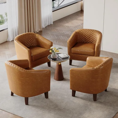Vista 37 de Pia Ricco Silla de Acento Tipo Barril de Cuero Sintético, Silla de Club Moderna con Brazos, Cómoda Silla Individual Tapizada con Patas de Madera