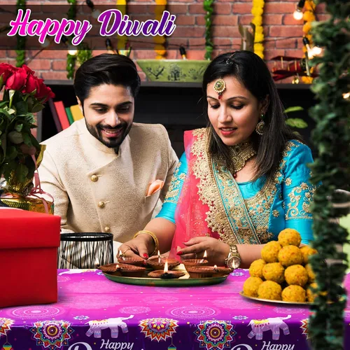 Vista 2 de Peryiter Happy Diwali Mantel desechable, mantel de plástico para mesas rectangulares, mantel Diwali para decoración de fiesta, celebración de luz