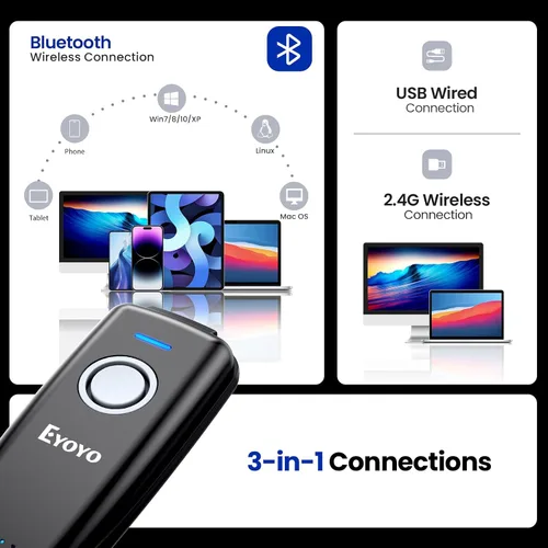 Vista 6 de Eyoyo Mini escáner de código de barras inalámbrico: escáner de código de barras Bluetooth portátil 3 en 1 con indicador de nivel de batería, lector