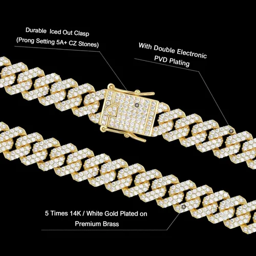 Vista 4 de Pulsera de eslabones cubanos de 0.394 pulgadas y 0.472 pulgadas para hombres y mujeres, chapado en platino de 14 quilates, pulseras de hip hop