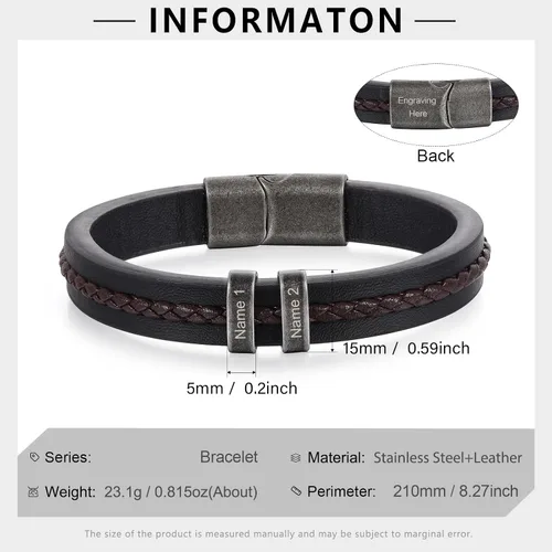 Vista 2 de Pulseras personalizadas con nombre para hombre, pulsera de cuero para hombre con 2-5 nombres de niños, regalos personalizados para papá, esposo, hijo