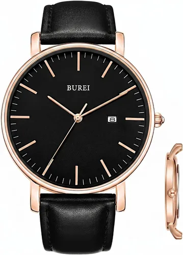 Vista 14 de BUREI Relojes de pulsera para hombre, relojes minimalistas de moda, analógicos de cuarzo, impermeables para hombres Banda negra negra
