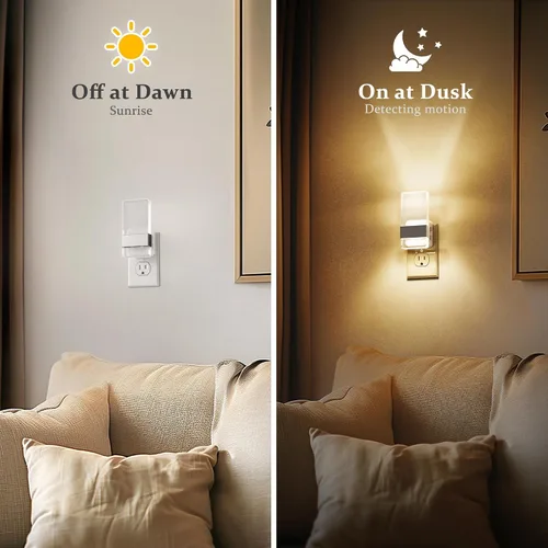 Vista 3 de JandCase Luces nocturnas enchufables a la pared, sensor de atardecer a amanecer, LED blanco suave de 3000 K, diseño acrílico, brillo ajustable de 0