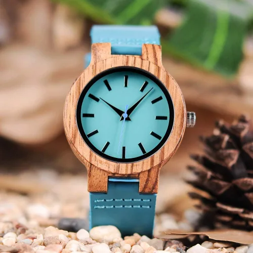 Vista 3 de BOBO BIRD Reloj de madera de bambú para hombre y mujer con correa de cuero de vaca azul, relojes casuales para el amor con caja
