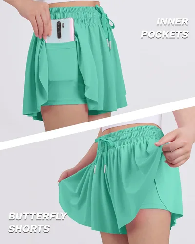 Vista 2 de JOCMIC Pantalones cortos fluidos para niñas, 2 en 1, pantalones cortos de mariposa con forro de elastano para fitness, correr, atletismo, tenis