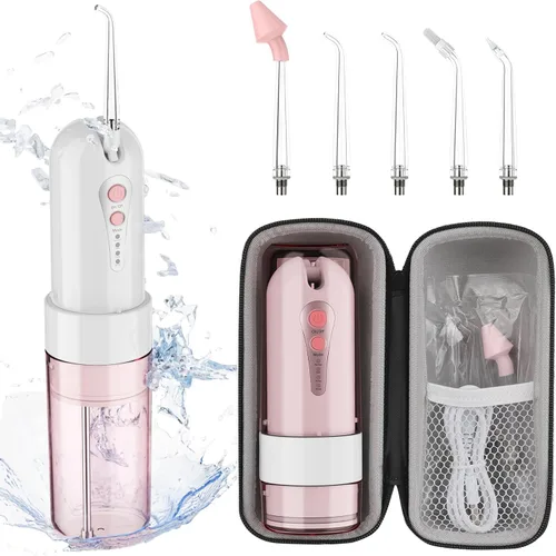 Vista 10 de Irrigador dental de agua para limpieza de dientes y hilo dental con funda de tamaño de viaje, irrigador oral recargable, irrigador dental portátil