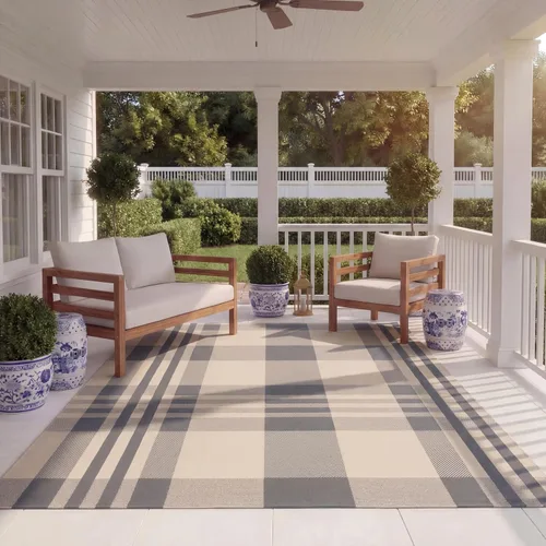 Vista 40 de SAFAVIEH Alfombra Lavable para Exteriores Colección Courtyard - 2'3" x 4', Beige y Azul, Patrón a Cuadros, No Desprende Pelusa y Fácil Limpieza