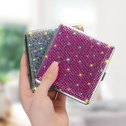 Vista 5 de SAVORI Estuche de cigarrillos para mujeres y hombres, soporte de cigarrillos de metal con cristales brillantes de doble cara, caja de cigarrillos AB