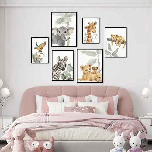 Vista 7 de HLJ ART Arte de pared para guardería de animales de safari: decoración de pared de guardería de bosque, juego de 6, imágenes de animales de bebé