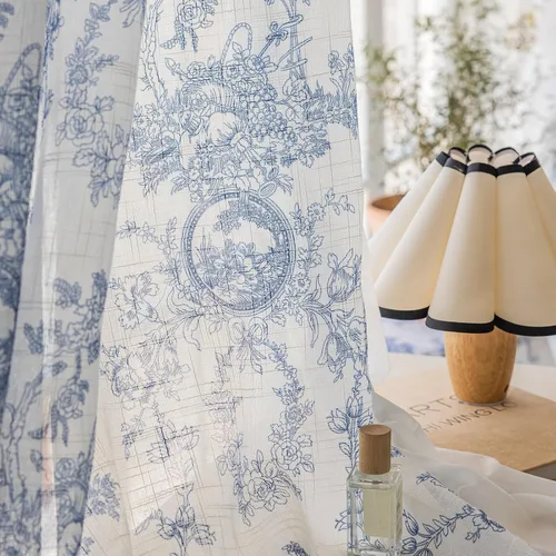 Vista 16 de SUOUO Cortinas blancas semitransparentes con hojas azules para dormitorio, comedor, sala de estar, lino texturizado de 84 pulgadas de largo
