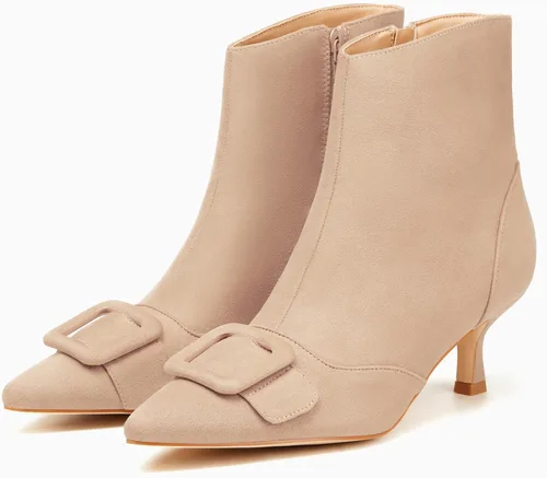 Vista 4 de Coutgo Botines de tacón de gatito para mujer, puntera puntiaguda, cremallera lateral, hebilla cuadrada, botines de invierno