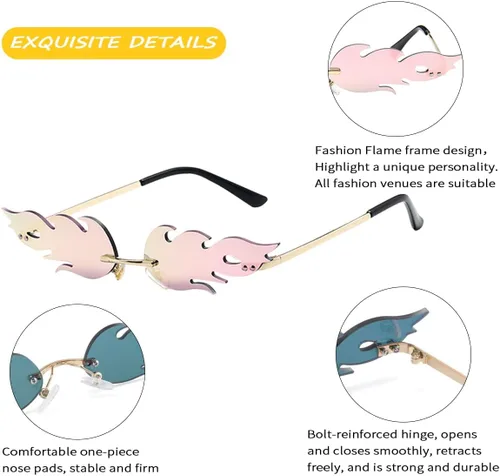 Vista 5 de Dollger Lentes de sol Flame Fire para mujeres y hombres, lindos lentes de llama espejados sin montura para fiesta, color rosa