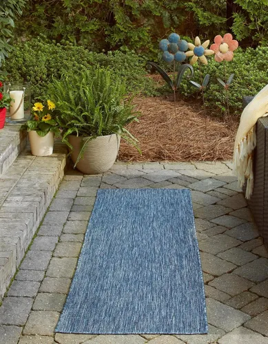 Vista 2 de Unique Loom Collection Alfombra de Área Plana Casual de Transición Sólida Jaspeada para Interiores/Exteriores (Pasillo 2' x 6' 1", Azul/Azul Marino)