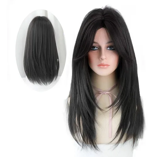 Vista 7 de Peluca larga negra con flequillo, peluca de cabello natural para mujer, peluca de cosplay