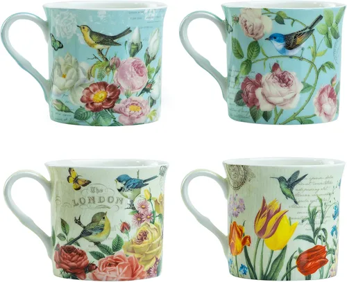 Vista 2 de Bone China Tazas de té de café de 10 onzas, surtido (jardín botánico de pájaros), 4 unidades (paquete de 1)