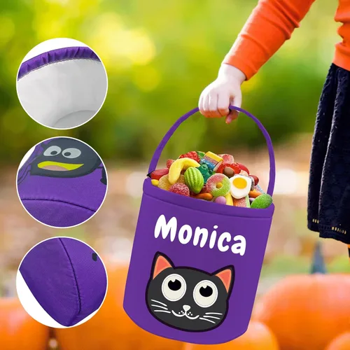 Vista 5 de Cubo de Halloween personalizado con nombre personalizado para trucos o tratos, bolsa de dulces personalizada para niños, bolsas de lona grandes
