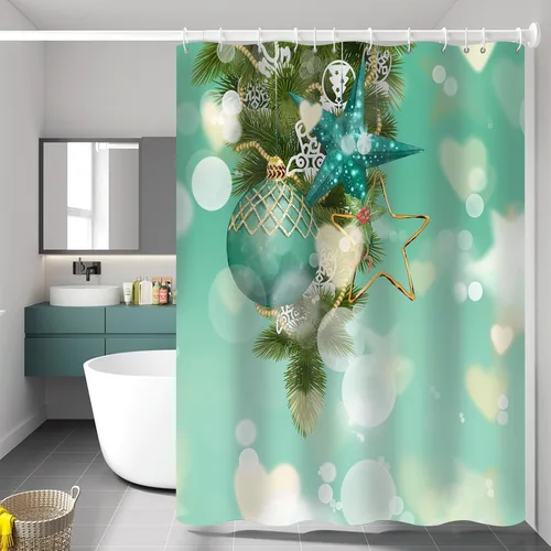 Vista 2 de Cortina de ducha de Feliz Navidad para baño, Nochebuena, Año Nuevo, arte bokeh verde, juego de cortina de ducha moderna de Navidad, cortina de ducha